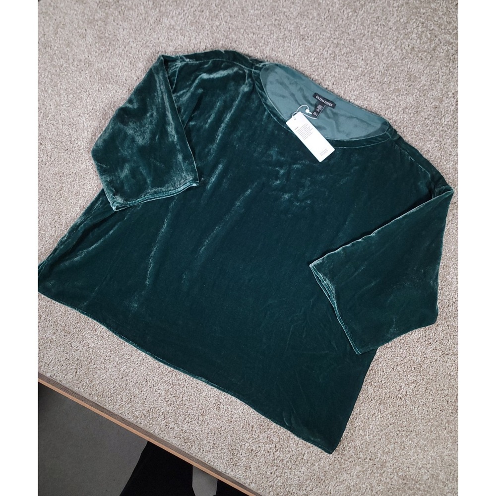 Eileen Fisher Velvet Ballet Neck Box-Top Round Neck Blouse Large Green NWT $248